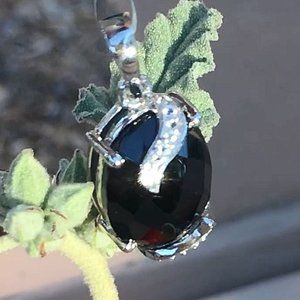 Natural Black Spinel .925 Pendant with White Topaz Genuine Gems Sterling Silver